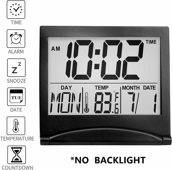 Foldable Travel Alarm Clock: LCD Clock with Calendar, Temperature, and Snooze for All Ages (Black)