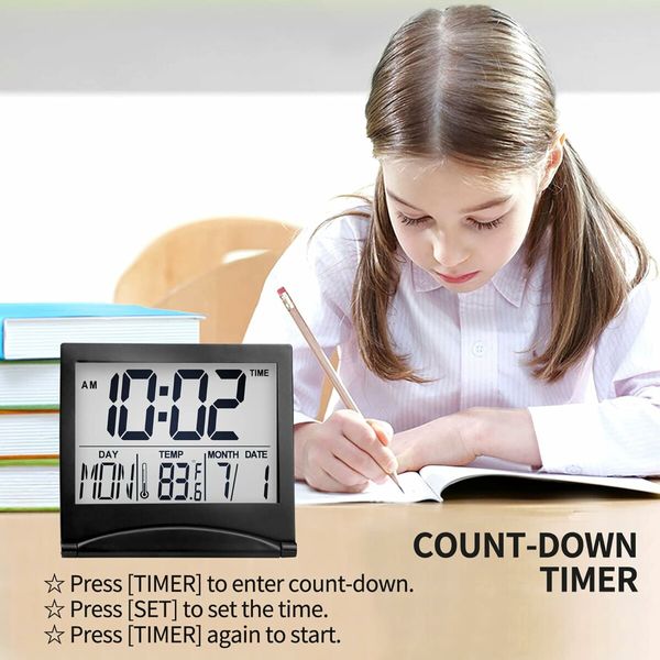 Foldable Travel Alarm Clock: LCD Clock with Calendar, Temperature, and Snooze for All Ages (Black)