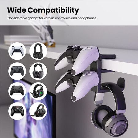 Adjustable Black Headphone Hanger - Rotating Clamp Stand for PC Gaming Headsets