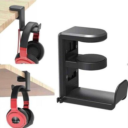 Adjustable Black Headphone Hanger - Rotating Clamp Stand for PC Gaming Headsets