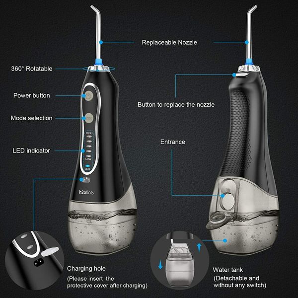 Rechargeable Portable Dental Flosser: Waterproof Teeth Cleaner with 5 Modes and 6 Replaceable Jet Tips for Home and Travel