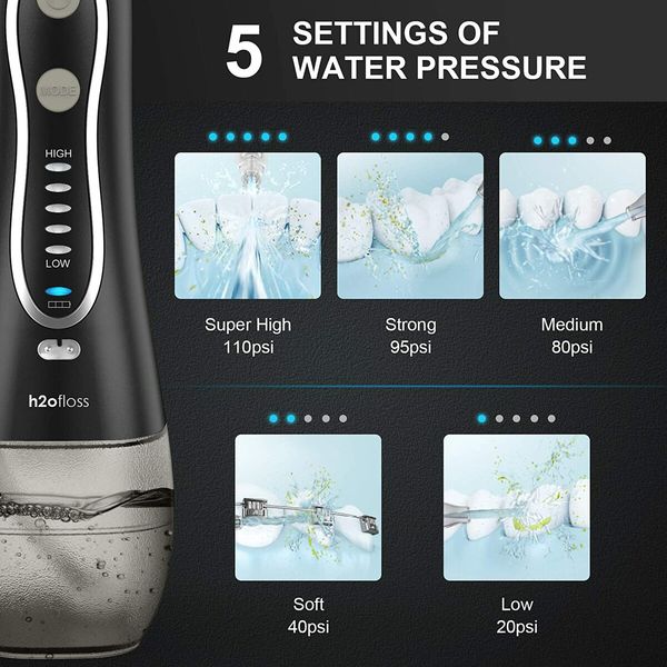 Rechargeable Portable Dental Flosser: Waterproof Teeth Cleaner with 5 Modes and 6 Replaceable Jet Tips for Home and Travel