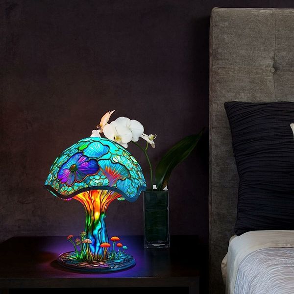 Stained Glass Mushroom Table Lamp, Plant Series Night Light for Living Room, Bedroom, Home, Office