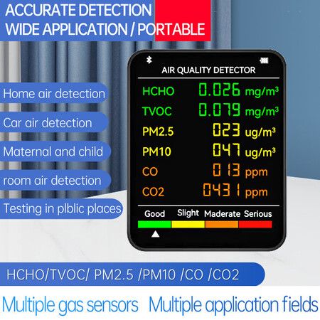 6-in-1 Air Quality Carbon Dioxide Formaldehyde Monitor for Comprehensive Indoor Air Pollution Detection(PM2.5 PM10 HCHO TVOC CO CO2 CO)