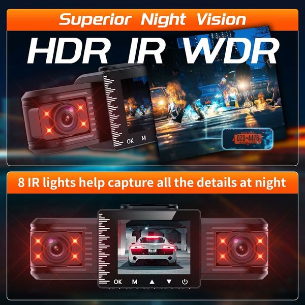 3-Channel 1080P Dash Cam with Front, Rear, and Interior Coverage: Adjustable Lens and 8 IR Night Vision Lamps for Cars