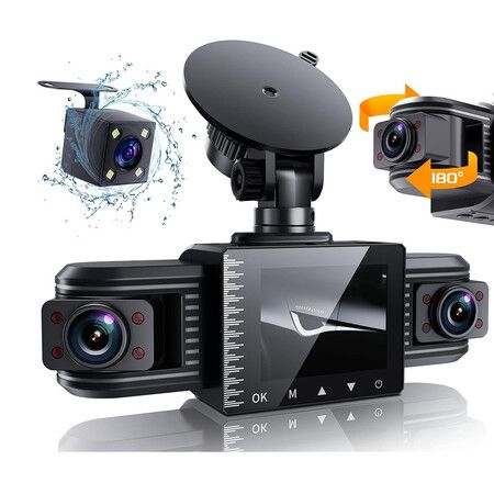 3-Channel 1080P Dash Cam with Front, Rear, and Interior Coverage: Adjustable Lens and 8 IR Night Vision Lamps for Cars