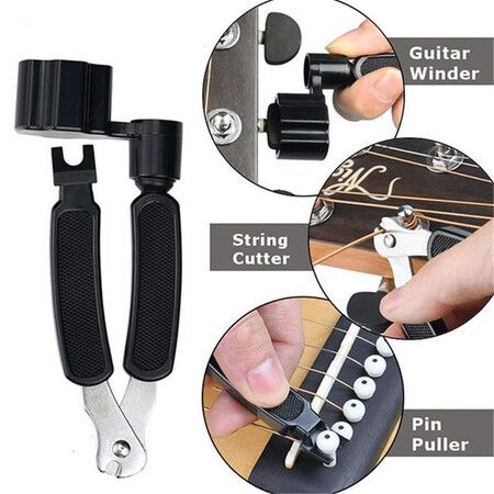 3-in-1 String Winder, Cutter, and Bridge Pin Puller in Black for Easy Guitar Maintenance and Repairs (Black)