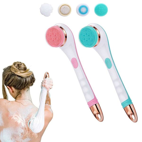 4-in-1 USB Electric Silicone Body Scrubber Shower Brush with Long Handle for Effortless Scrubbing Deep Cleaning(Pink)