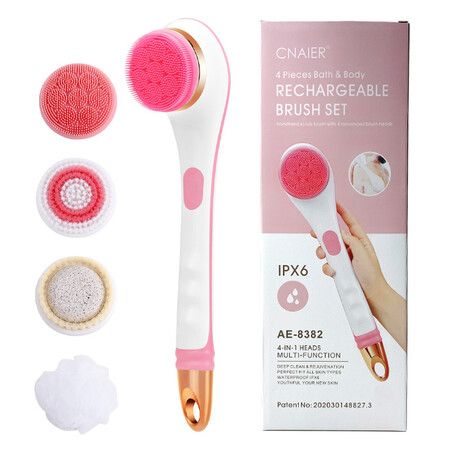 4-in-1 USB Electric Silicone Body Scrubber Shower Brush with Long Handle for Effortless Scrubbing Deep Cleaning(Pink)