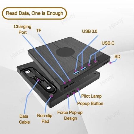 7-in-1 USB 3.0 Type-C External Optical Drive - Read and Write CDs and DVDs on Your Windows, Mac, or PC Laptop