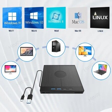 7-in-1 USB 3.0 Type-C External Optical Drive - Read and Write CDs and DVDs on Your Windows, Mac, or PC Laptop