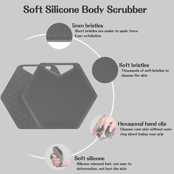 Effective Shower Cleansing Soft Silicone Body Scrubber with Convenient Storage Hook (Gray)