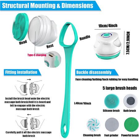 Powerful Deep Cleanse Electric Body Brush with Rotating Scrubber, 5 Attachments, Rechargeable Brush Heads IPX67 Waterproof (White)