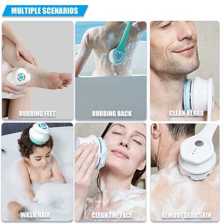 Powerful Deep Cleanse Electric Body Brush with Rotating Scrubber, 5 Attachments, Rechargeable Brush Heads IPX67 Waterproof (White)