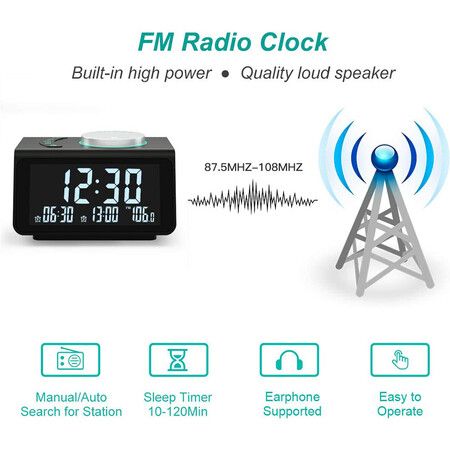 Compact Alarm Clock with FM Radio, USB Charging, Dual Alarms, and Temperature Display