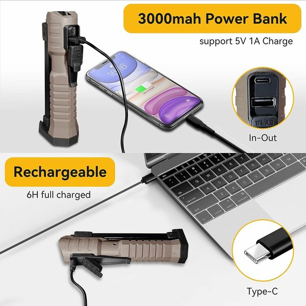 Rechargeable Portable USB Flashlight, Foldable LED Work Light for Repairs, Camping