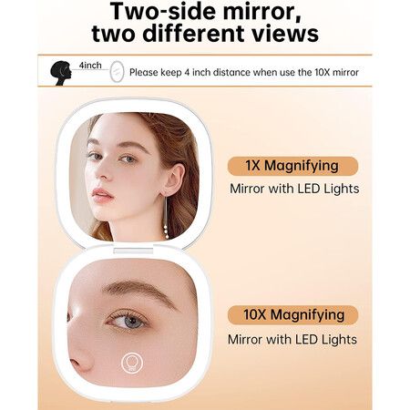 Rechargeable Dual-Side Travel Makeup Mirror with Lights and 10X Magnification