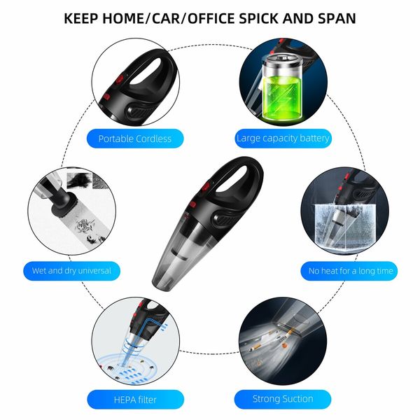 120W 4000Pa Handheld Cordless Car Vacuum: Rechargeable Wet/Dry Handheld Vacuum for Cars