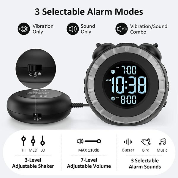 Vibrating Alarm Wake-Up Call Clock for Heavy Sleepers with Dual Loud Bed Shaker Alarm,Dimming USB Charging Port