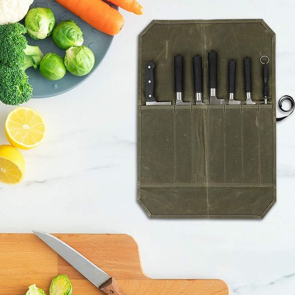 Heavy Duty Waxed Canvas Chef Knife Roll Bag with Foldable Knife Holders for Safe Storage and Travel