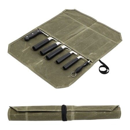 Heavy Duty Waxed Canvas Chef Knife Roll Bag with Foldable Knife Holders for Safe Storage and Travel