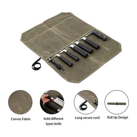 Heavy Duty Waxed Canvas Chef Knife Roll Bag with Foldable Knife Holders for Safe Storage and Travel