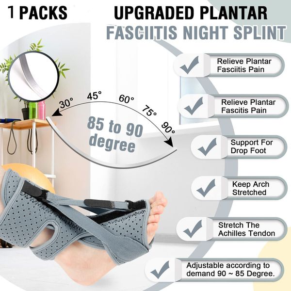 Plantar Fasciitis Night Splint with 3 Adjustable Straps for Brace,Achilles Tendonitis and Foot Drop Relief (Grey)