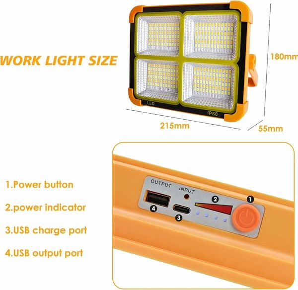 Solar-Powered 1500W Camping Floodlight, Rechargeable Battery for Garage, Emergency, and Car Repair Needs