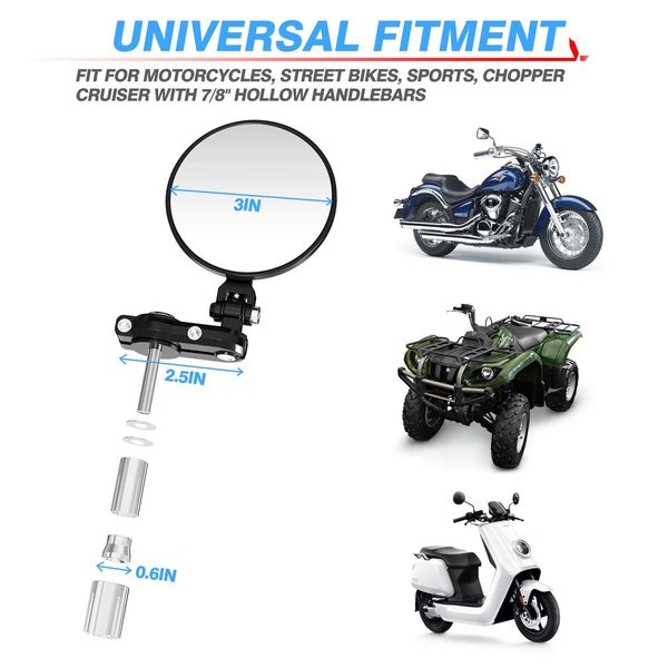 Universal 3" Round Motorcycle Mirrors: Folding Bar End Side Mirrors Compatible with Honda, Yamaha, Kawasaki, and More