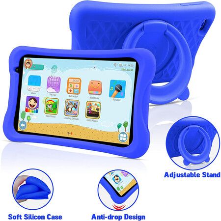 8" Kids Tablet: Quad Core, 64GB, WiFi, Bluetooth, Dual Cameras, Education & Gaming Apps, Parental Control, Protective Case (Blue)