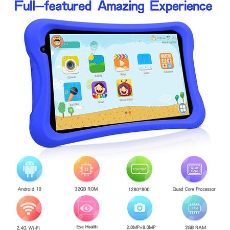 8" Kids Tablet: Quad Core, 64GB, WiFi, Bluetooth, Dual Cameras, Education & Gaming Apps, Parental Control, Protective Case (Blue)