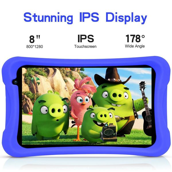 8" Kids Tablet: Quad Core, 64GB, WiFi, Bluetooth, Dual Cameras, Education & Gaming Apps, Parental Control, Protective Case (Blue)