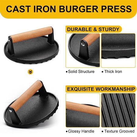 Heavy Duty Cast Iron Burger Press - 6.9Inch Round Bacon Grill Press for Sandwiches and Paninis