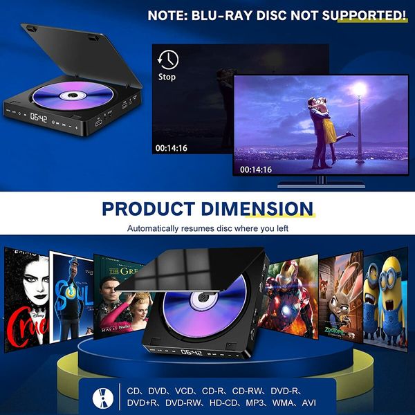 Portable CD and DVD Player with HDMI, AV, and USB Connectivity - Playback on TV or Projector (Excludes Blu-ray DVDs)