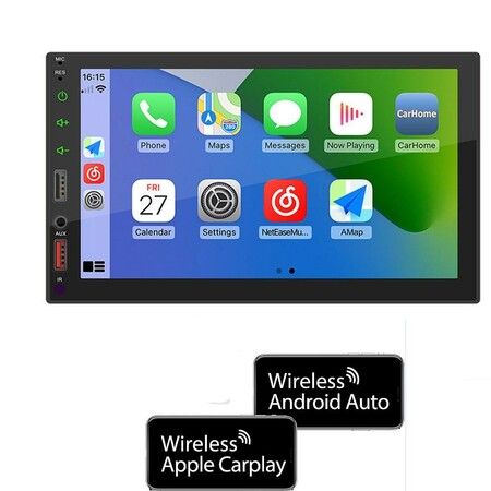 Double Din Car Stereo with CarPlay and Android Auto with Responsive 7-inch HD LCD capacitive touchscreen for intuitive control,Seamless integration with smartphone