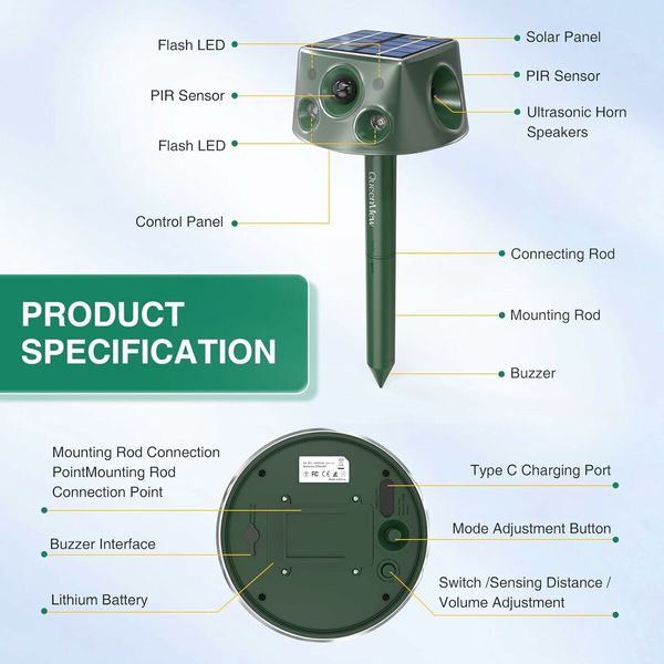 olar-Powered Ultrasonic Animal Deterrent: Repels Cats, Birds, Rabbits, Raccoons, and More