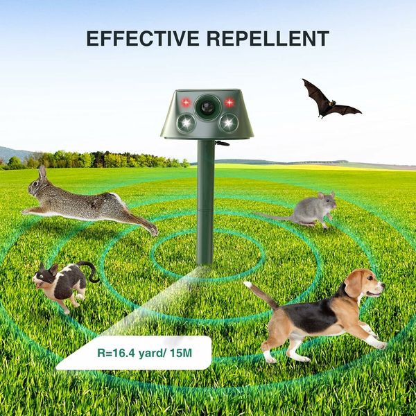 olar-Powered Ultrasonic Animal Deterrent: Repels Cats, Birds, Rabbits, Raccoons, and More