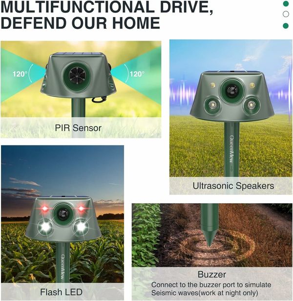 olar-Powered Ultrasonic Animal Deterrent: Repels Cats, Birds, Rabbits, Raccoons, and More