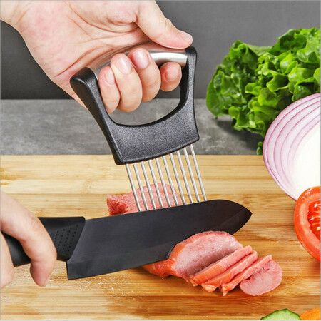 Stainless Steel Multipurpose Onion Holder and Slicer: Effortless Slicing for Vegetables, Tomatoes, Lemons, and Meat