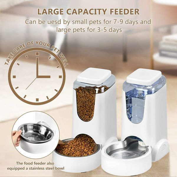 2-Pack Automatic Cat Feeder and Water Dispenser with Stainless Steel Bowls - Keep Your Small and Medium Pets Fed and Hydrated(White)