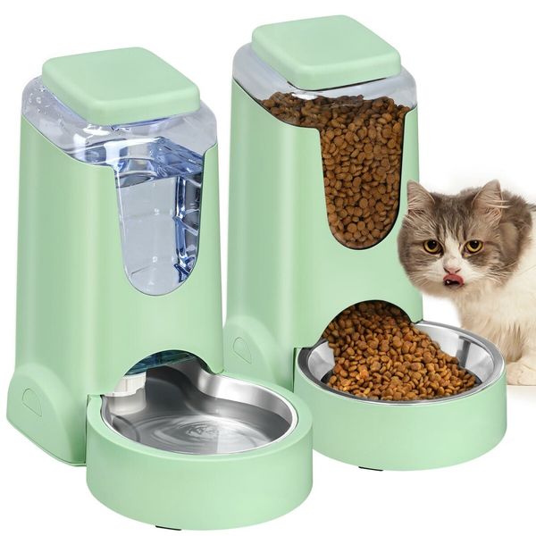 2-Pack Automatic Pet Gravity Feeder and Waterer with Stainless Steel Bowls for Small and Medium Pets (Green)