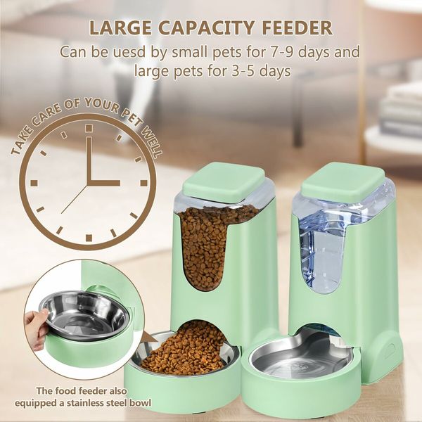 2-Pack Automatic Pet Gravity Feeder and Waterer with Stainless Steel Bowls for Small and Medium Pets (Green)