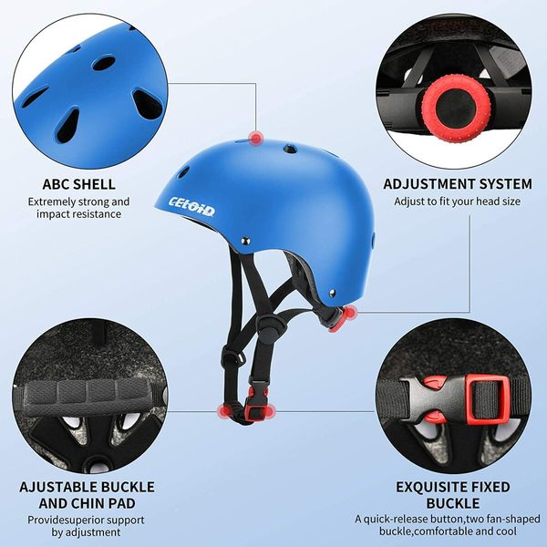 3-14 yrs Kids Adjustable Helmet Pad Set with Blue Helmet, Knee Pads, Elbow Pads, and Wrist Guards for Skateboard Bike-Blue