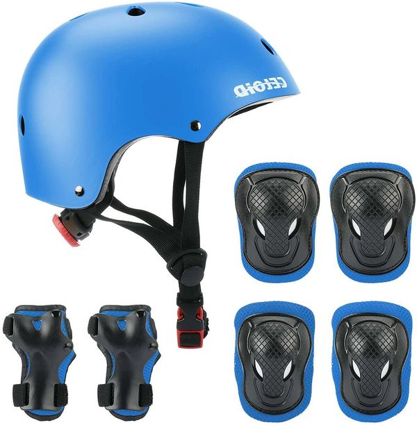 3-14 yrs Kids Adjustable Helmet Pad Set with Blue Helmet, Knee Pads, Elbow Pads, and Wrist Guards for Skateboard Bike-Blue