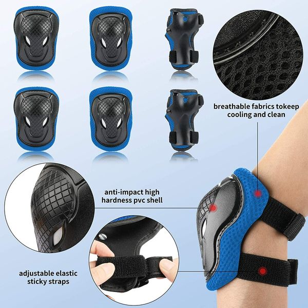 3-14 yrs Kids Adjustable Helmet Pad Set with Blue Helmet, Knee Pads, Elbow Pads, and Wrist Guards for Skateboard Bike-Blue