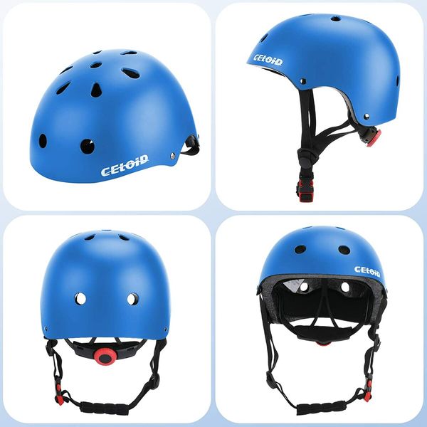 3-14 yrs Kids Adjustable Helmet Pad Set with Blue Helmet, Knee Pads, Elbow Pads, and Wrist Guards for Skateboard Bike-Blue