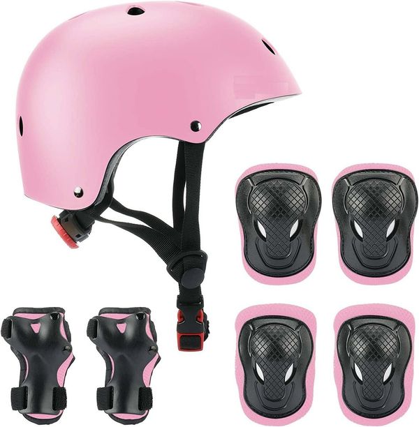 3-14 yrs Kids Helmet Pad Set with Adjustable Helmet, Knee Pads, Elbow Pads, and Wrist Guards in Pink