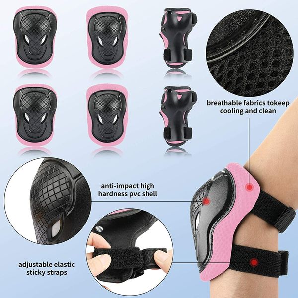 3-14 yrs Kids Helmet Pad Set with Adjustable Helmet, Knee Pads, Elbow Pads, and Wrist Guards in Pink