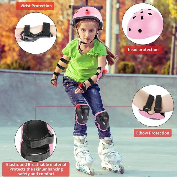 3-14 yrs Kids Helmet Pad Set with Adjustable Helmet, Knee Pads, Elbow Pads, and Wrist Guards in Pink