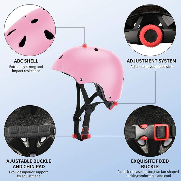 3-14 yrs Kids Helmet Pad Set with Adjustable Helmet, Knee Pads, Elbow Pads, and Wrist Guards in Pink